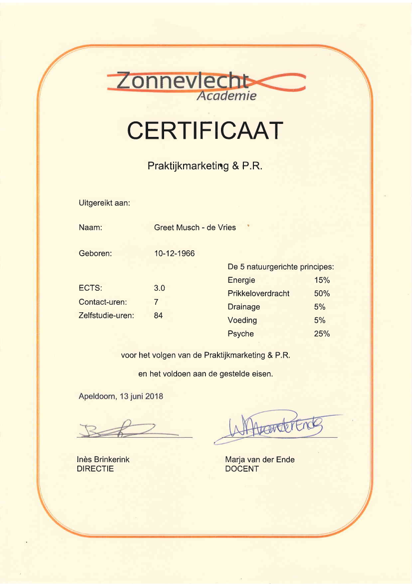 Certificaat Praktijkmarketing & P.R.