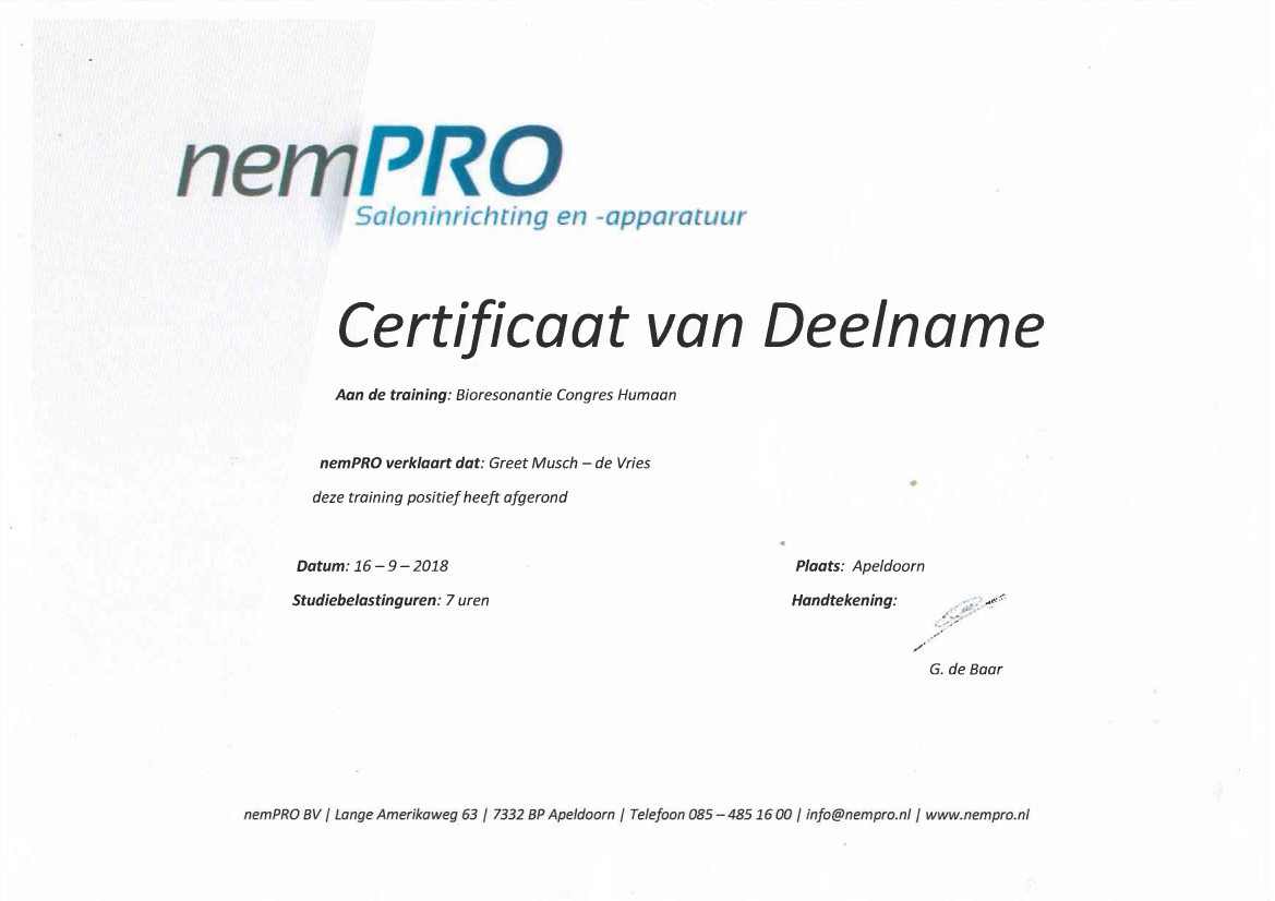 Certificaat Bioresonantie Congres Humaan