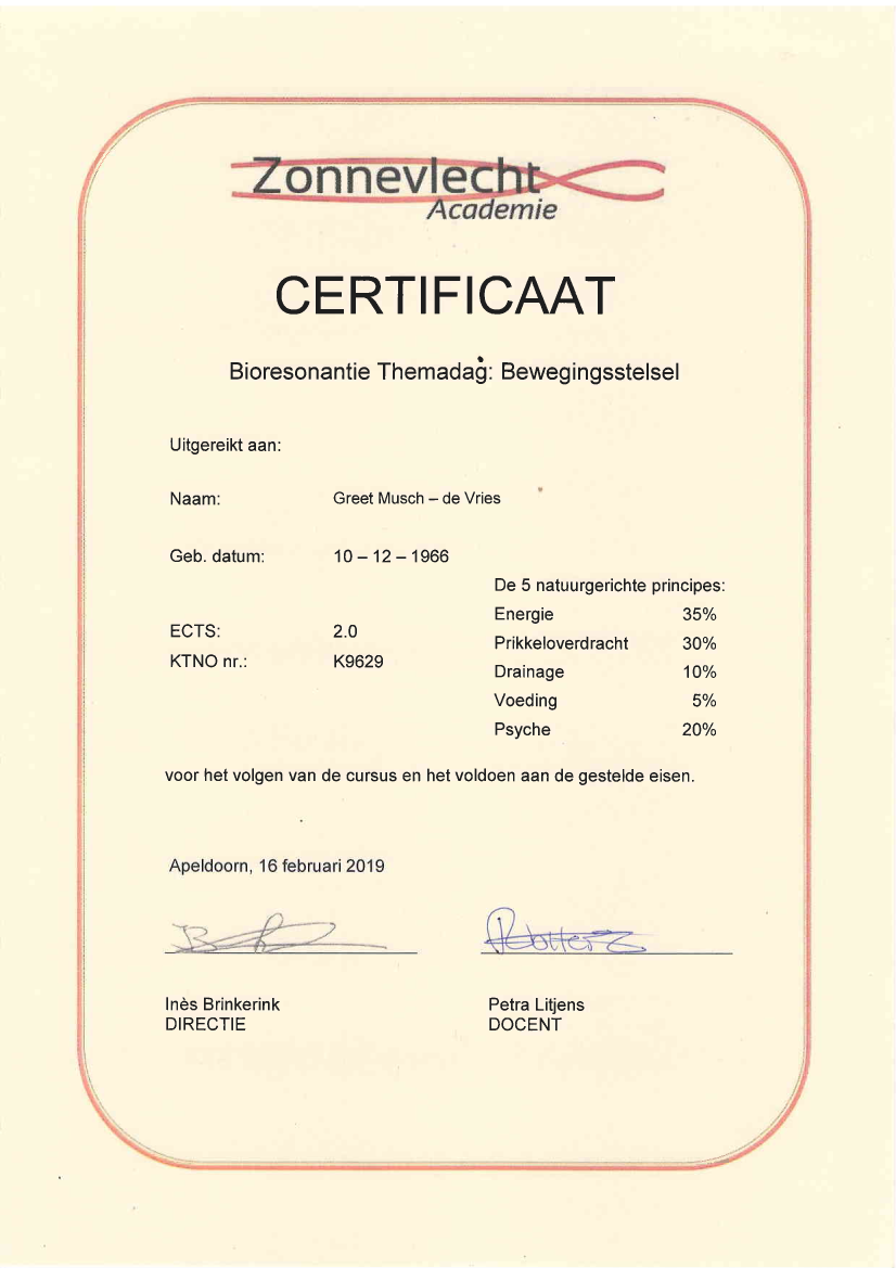 Certificaat Bioresonantie Themadag Bewegingsstelsel