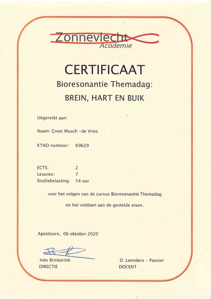 Certificaat Bioresonantie Themadag Brein, Hart en Buik