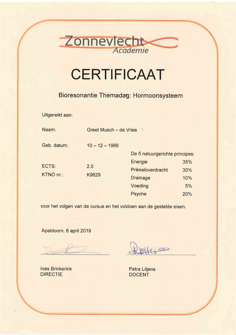 Certificaat Bioresonantie Themadag Hormoonsysteem