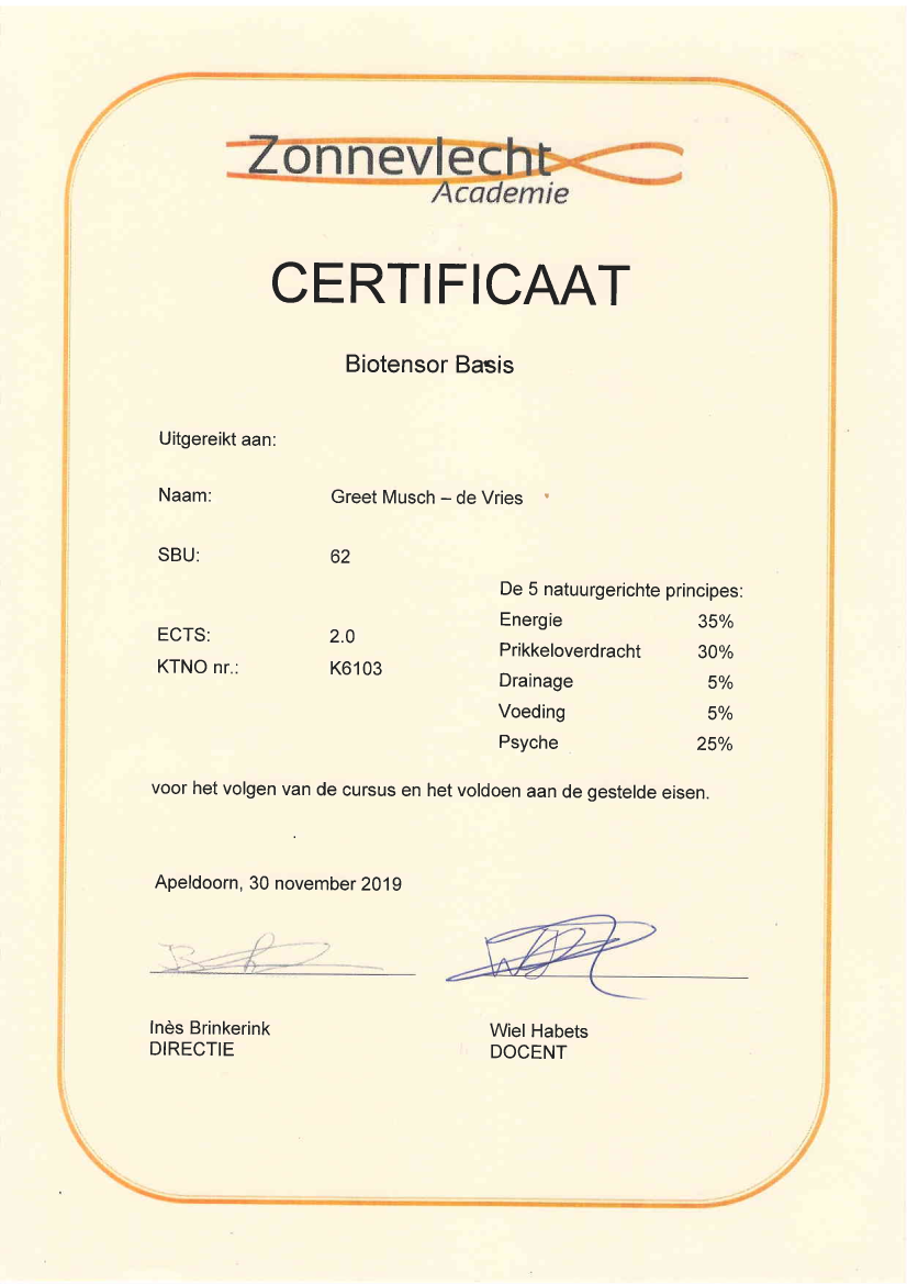 Certificaat Cursus Biotensor Basis