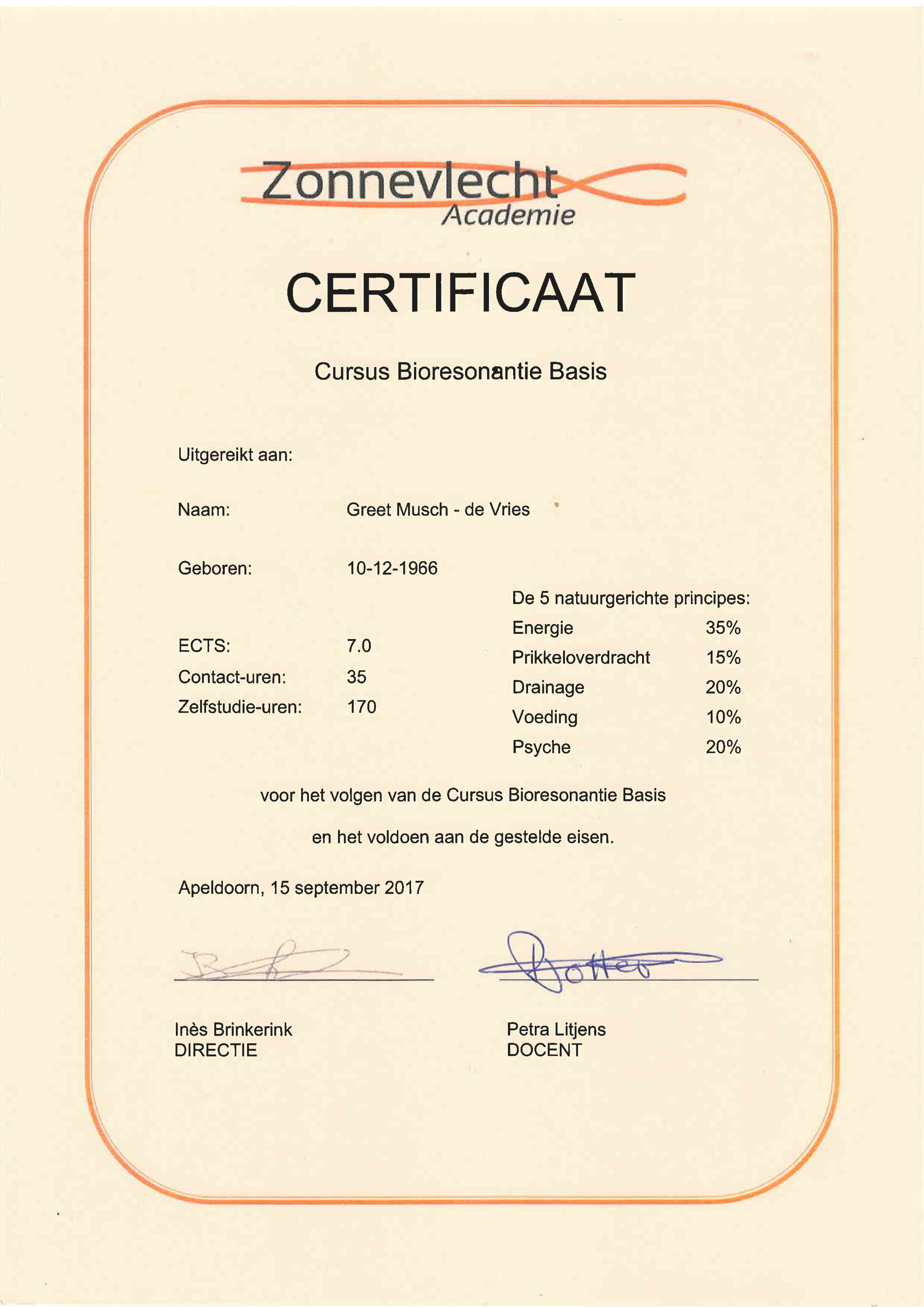 Certificaat Cursus Bioresonatie Basis