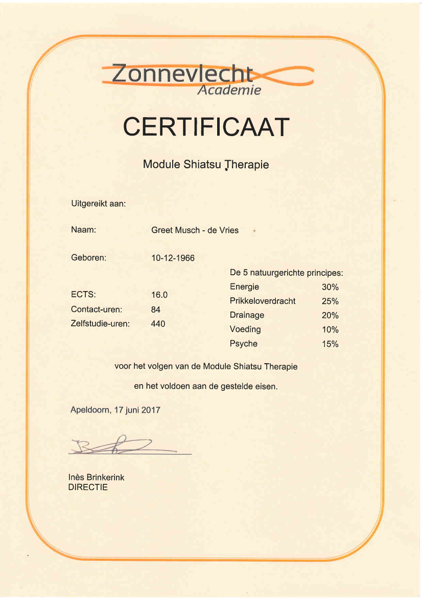 Certificaat Module Shiatsu Therapie
