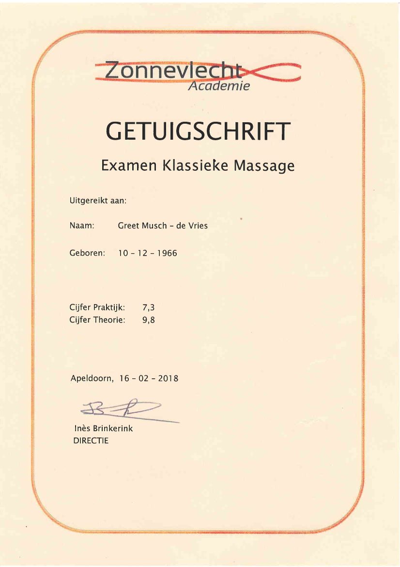 Getuigschrift Examen Klassieke Massage