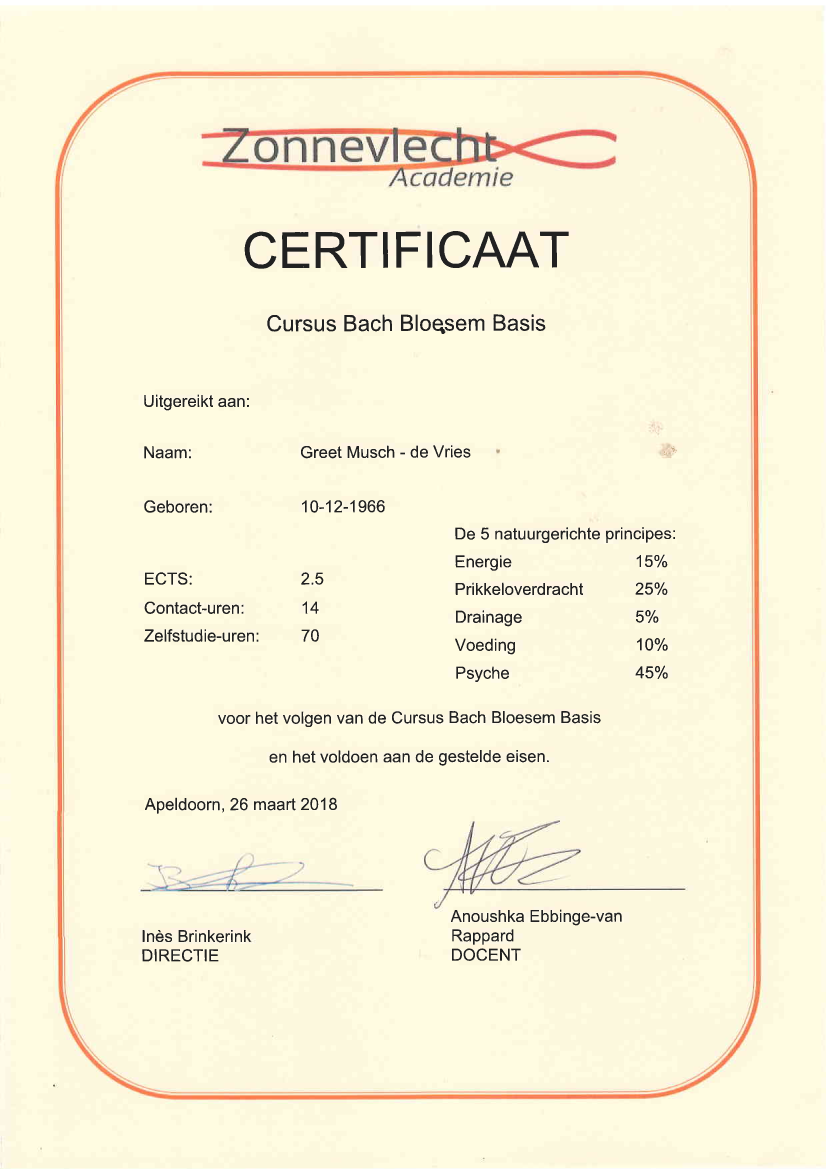 Certificaat Cursus Bach Bloesem Basis