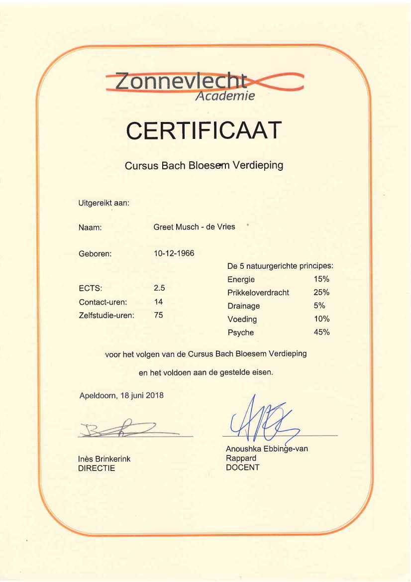 Certificaat Cursus Bach Bloesem Verdieping