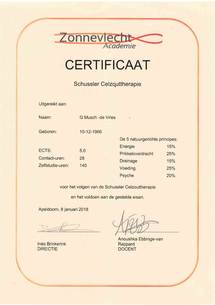 Certificaat Schussler Celzouttherapie