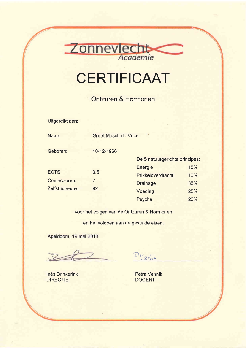 Certificaat Ontzuren & Hormonen