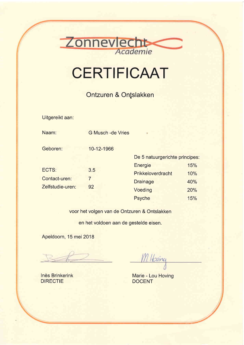 Certificaat Ontzuren & Ontslakken