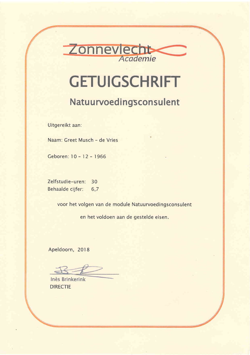 Getuigschrift Natuurvoedingsconsulent
